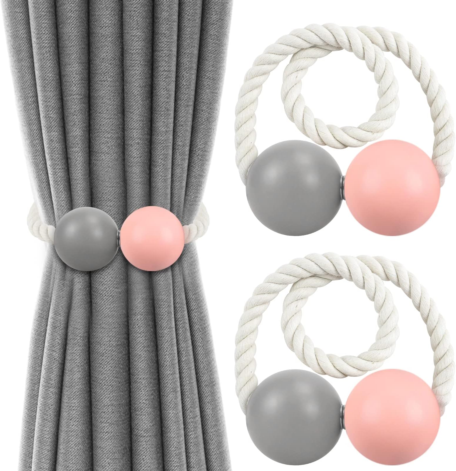 IAGORYUE Magnetic Curtain Tiebacks 2 Pcs Wooden Tie Backs Clips with Pretty Weave Rope Curtains Holdbacks No Drilling Drape Holder Buckles for Thin/Thick Home Office Hotel Window Drapery (Pink Grey)