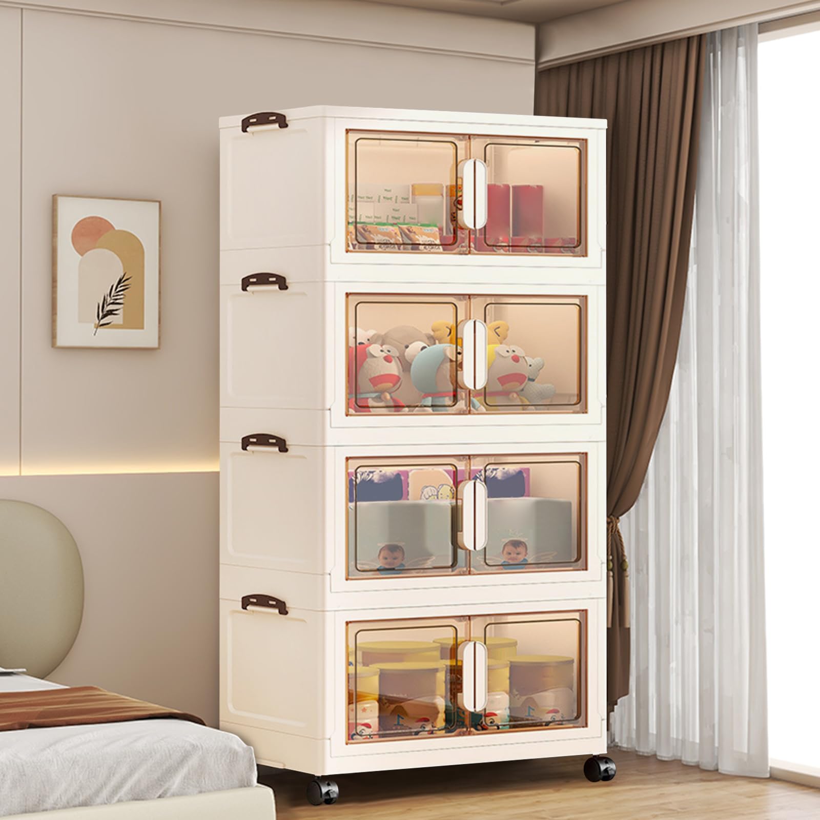 Ergocar Storage Box, Magnetic double opening door large -capacity locker?Transparent Stacking Plastic Storage Boxes with Pulley, for Bedroom, Living Room, Office and Kitchen