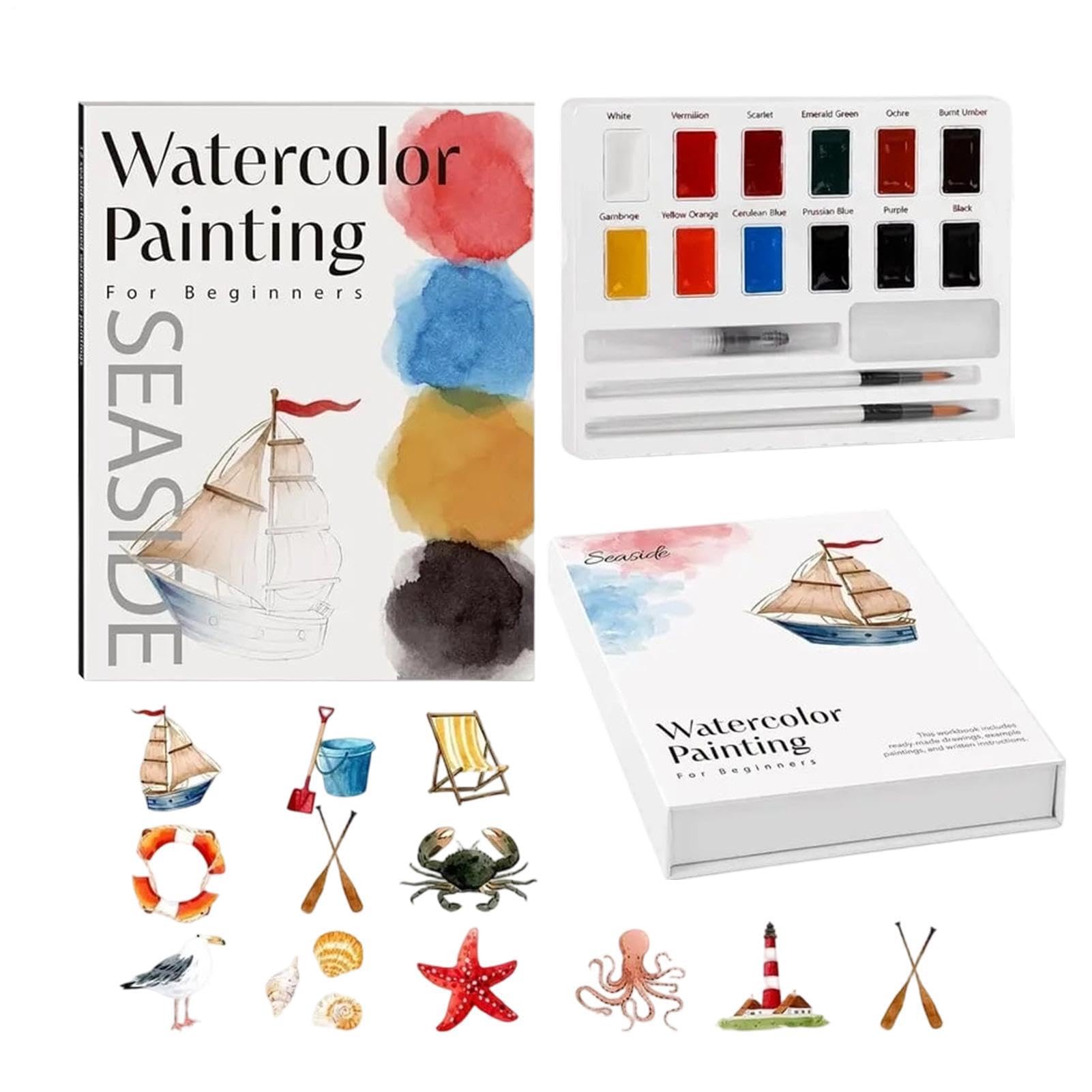 Aquarellfarben Set für Anfänger 12 Farben mit Pinsel Tierbuch | Lernen Sie Aquarell mit Tierillustrationen. Tragbare Reisedose, für Kunstunterricht, Heimpraxis, ideal für Kreativität