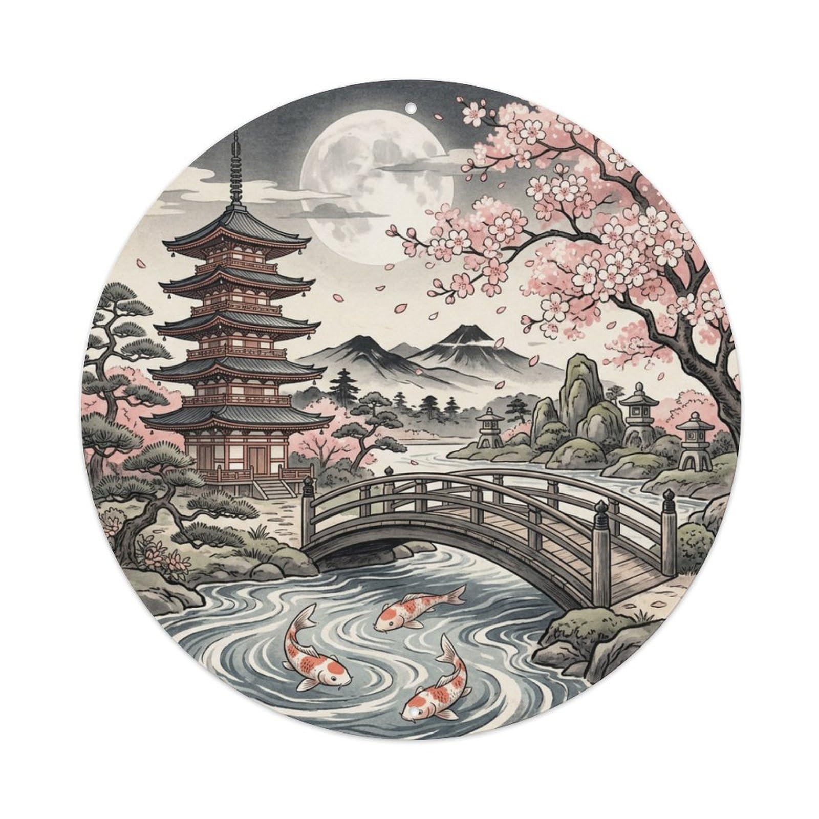 Galvaxio Style Japanese Cherry Blossom Pagoda Koi Fish Garden Metal Tin Sign