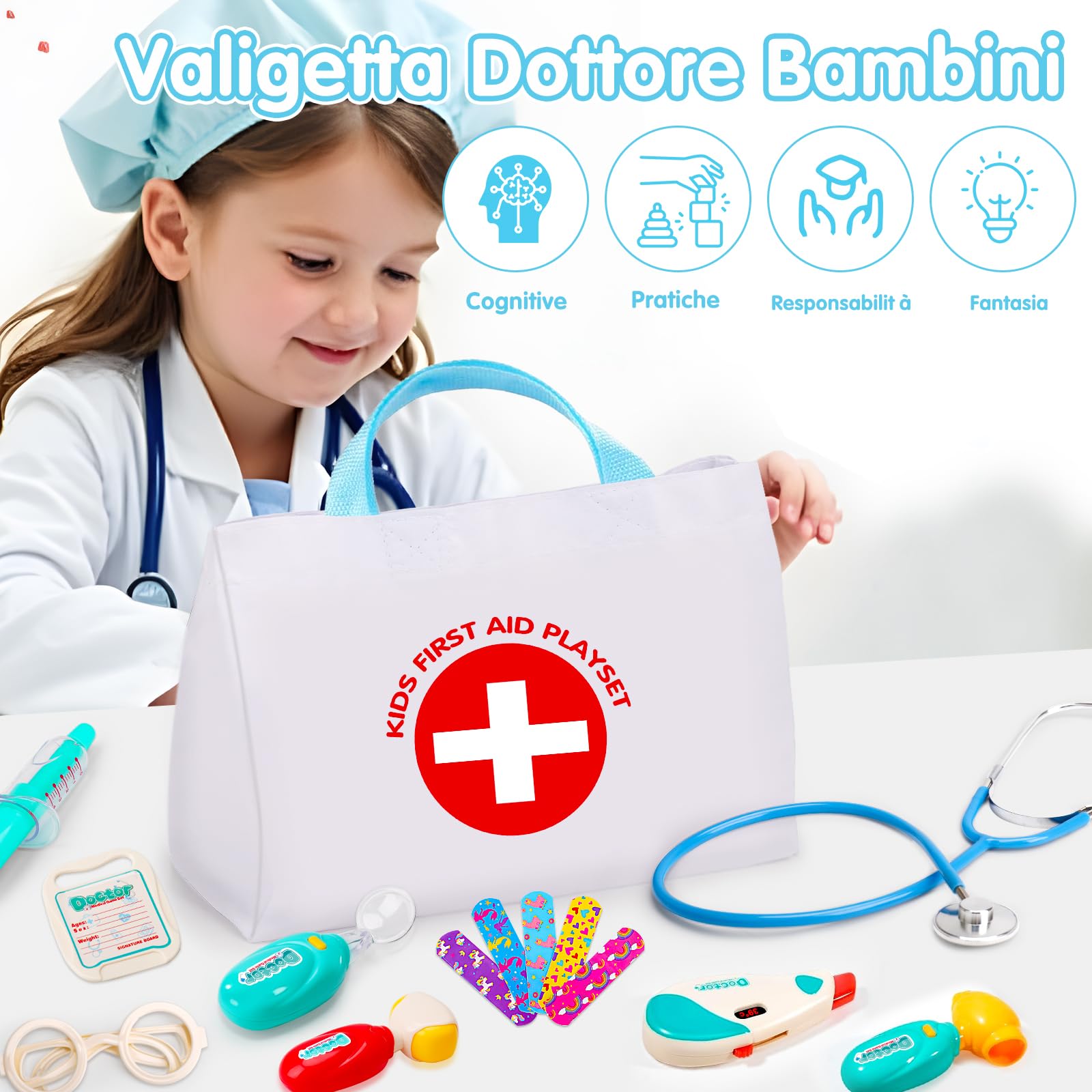 Valigetta medica bambini dai 2 3 4 5 anni in su, con stetoscopio realistico, termometro, giochi di ruolo, giochi di dottorato, kit medico, kit di dottorato, giocattolo a partire dai 3 4 5 anni