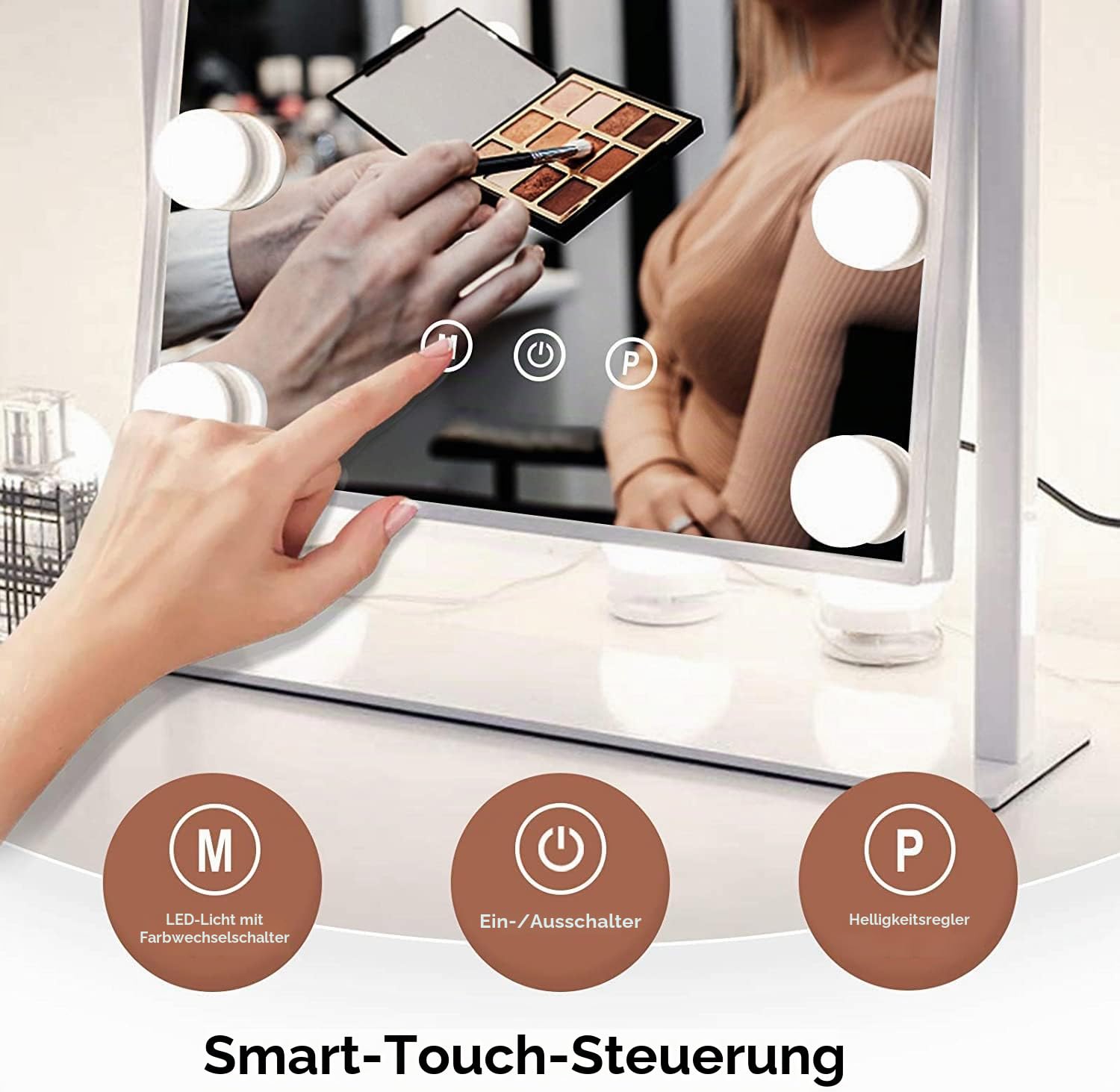 TUREWELL Hollywood Make-up-Spiegel mit Lichtern, großer beleuchteter Kosmetikspiegel mit 3 Farblicht und 12 dimmbaren LED-Leuchtmitteln, Smart-Touch-Control-Bildschirm und 360-Grad-Drehung