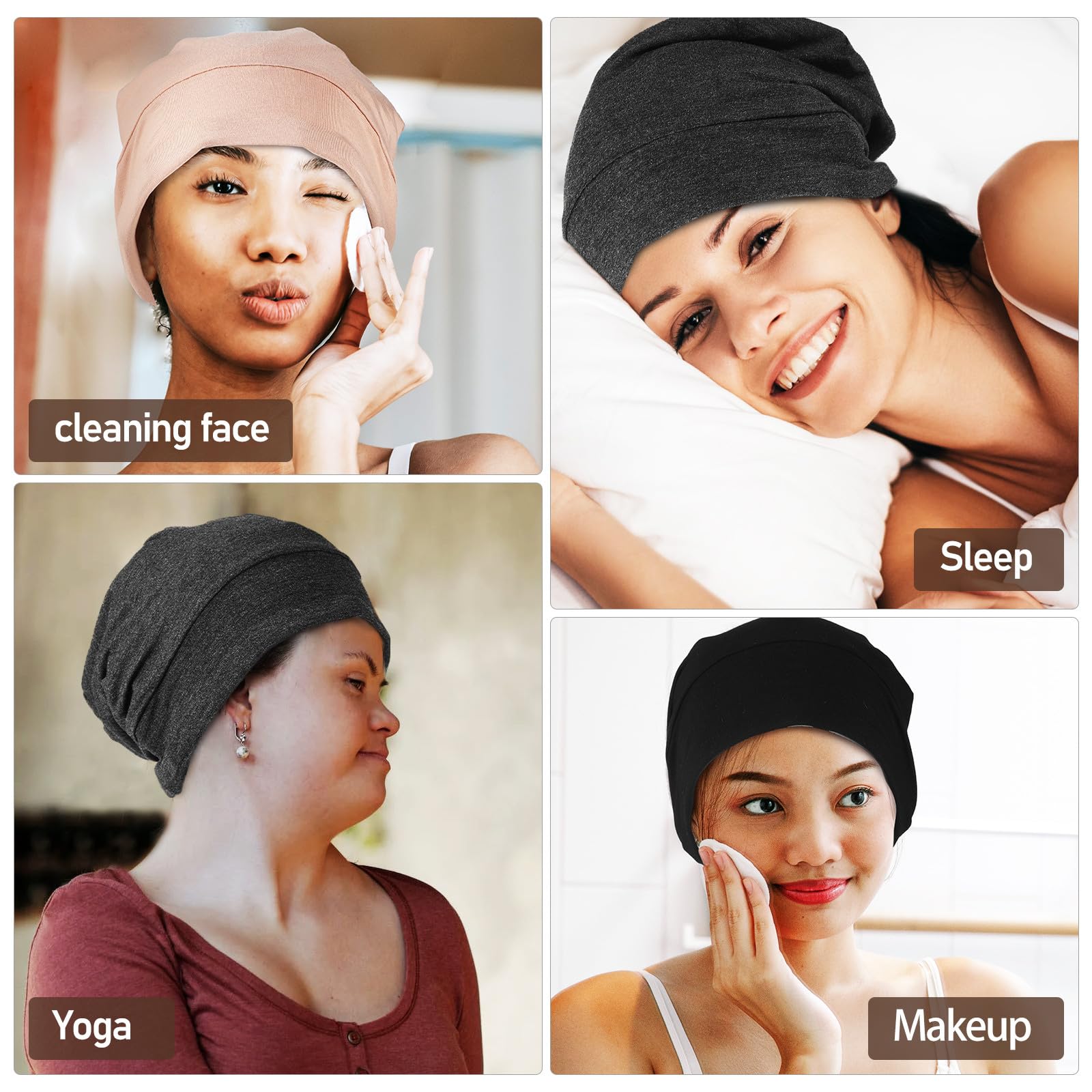Housoutil Lot de 3 Bonnets de Nuit en Satin Ajustables, Bonnets Élastiques Tressés, Taille Unique, Couleurs Noir, Gris Foncé et Kaki, Protection Douce pour Cheveux Bouclés, Raides