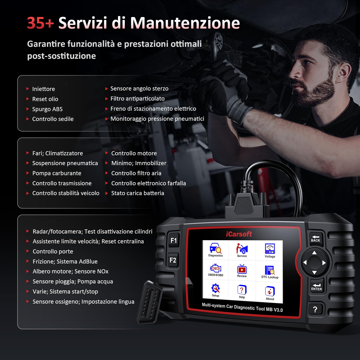 iCarsoft MB V3.0 OBD2 Auto Diagnostica per Ben.z/Sprinter/Smart, Diagnosi Auto Professionale in Italiano per Tutti i Sistemi, 35 Funzioni di Ripristino, Test Bidirezionale, Aggiornamento a Vita
