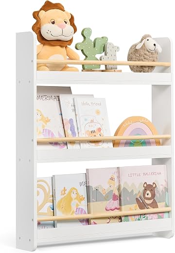 SONGMICS Libreria Montessoriana per Bambini, Scaffale per Giocattoli a 3 Ripiani, Libreria da Parete, Mobile per Cameretta Stanza dei Giochi, Bianco e Naturale GKR013W02