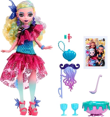 Monster High Muñeca Monster Ball, Lagoona Blue en vestido de fiesta con accesorios temáticos que incluyen globos y ponchera
