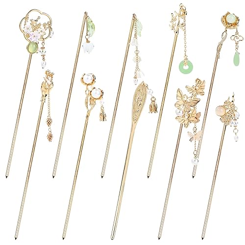 Cinaci 10 palillos decorativos vintage retro de metal dorado perla con colgantes, chino Hanfu flor asiática, mariposa, palillos para el cabello,