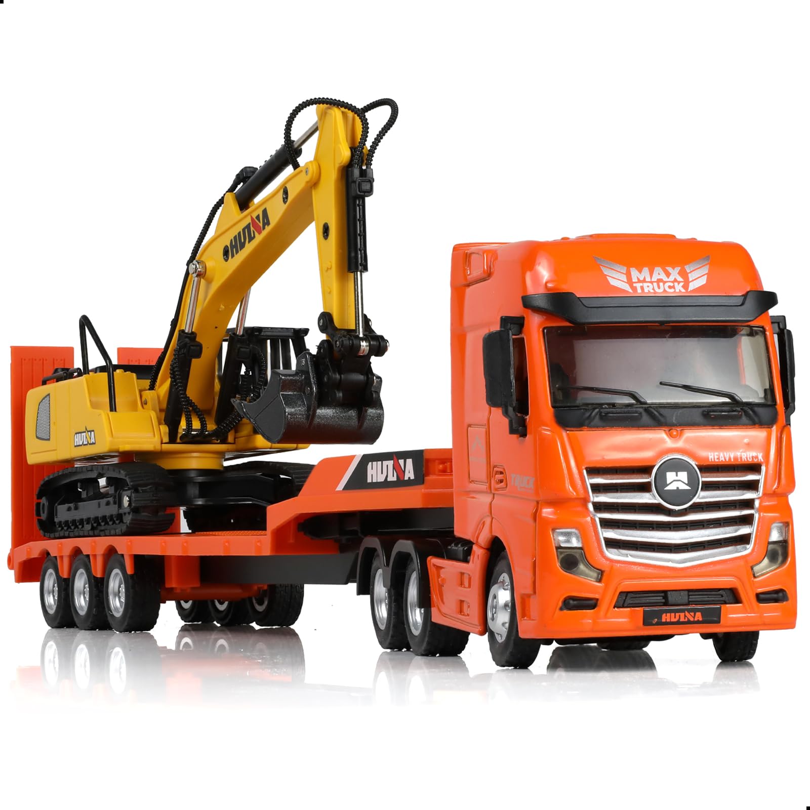 SHINESIGNAL Semi Flat Trailer and Excavator Construction Toy Set, Alloy Metal Diecast Construction Vehicles Model Semi Truck Toys for Boys Age 4-7 -Orange