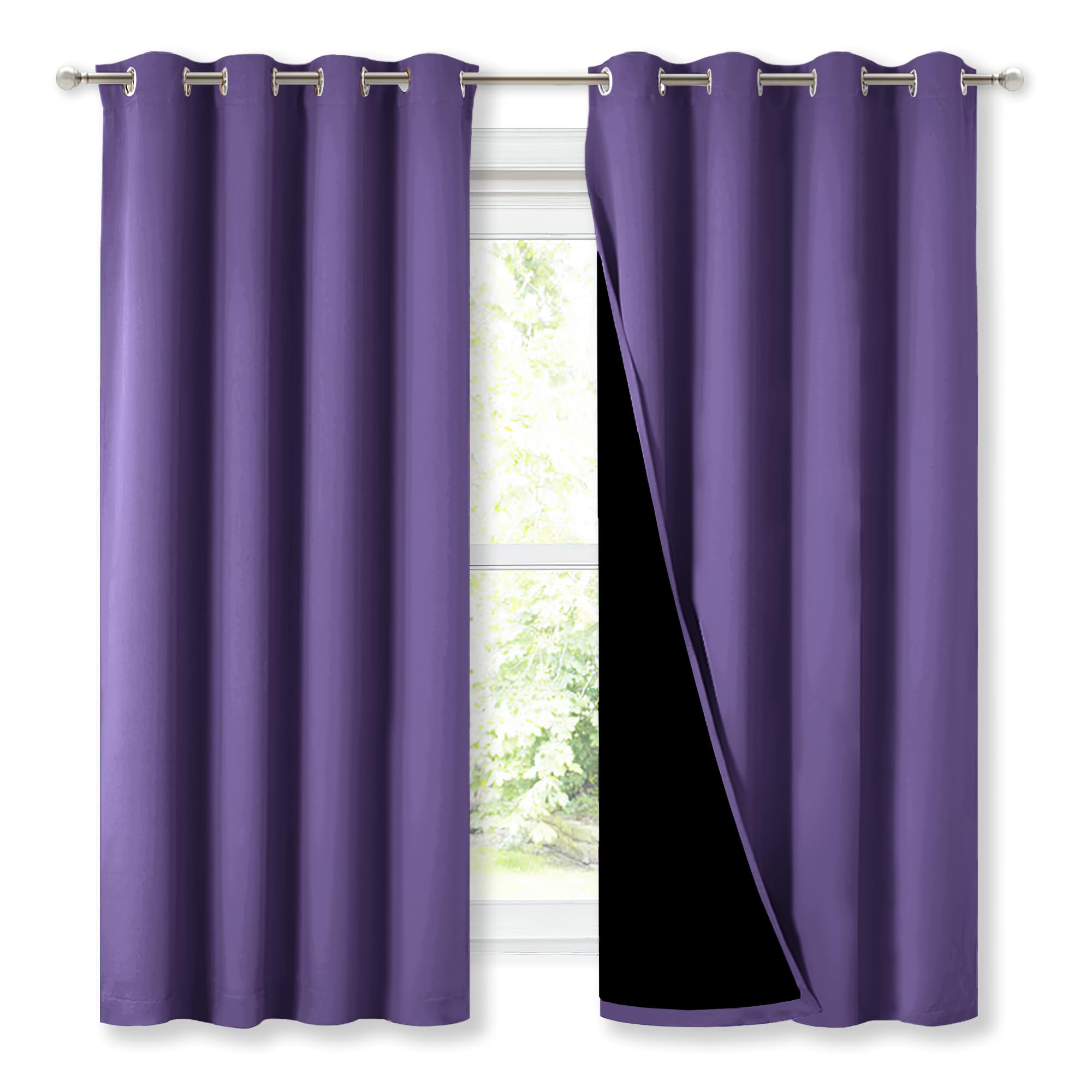 NICETOWN 100% Blackout Curtains with Black Liners, Thermal Insulated Full Blackout 2-Layer Lined Drapes, Energy Efficiency Window Draperies for Bedroom (Lilac Purple, 2 Panels, 52-inch W by 63-inch L)