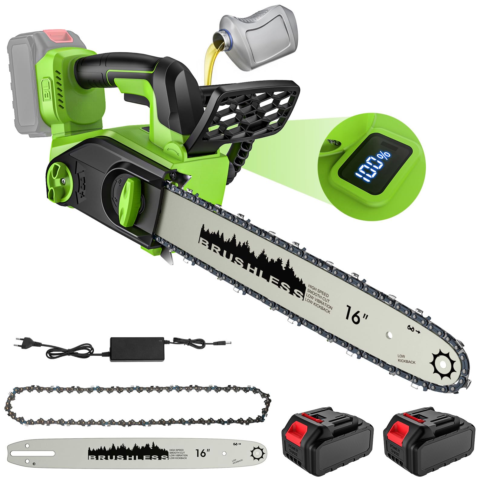 Motosega a Batteria 16 Pollici, Motosega Elettrica 2200W con 2 x 4.0Ah, Motore Brushless, Sistema di Doppia Protezione, Lubrificazione Automatica, Sistema di Autolubrificazione, Display LED (A)
