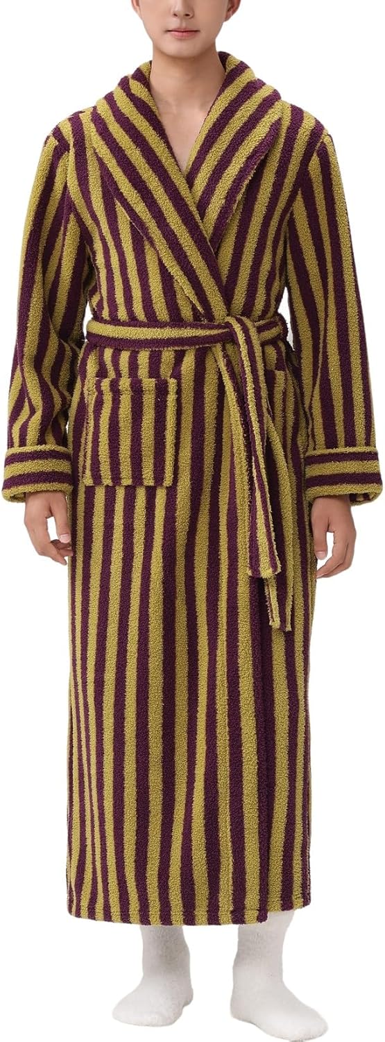 Men's Plush Bath Robe Striped Long Bathrobe Fleece Spa Robes Fluffy Fuzzy Long Sleeve Lapel Collar Sleepwear Pocket