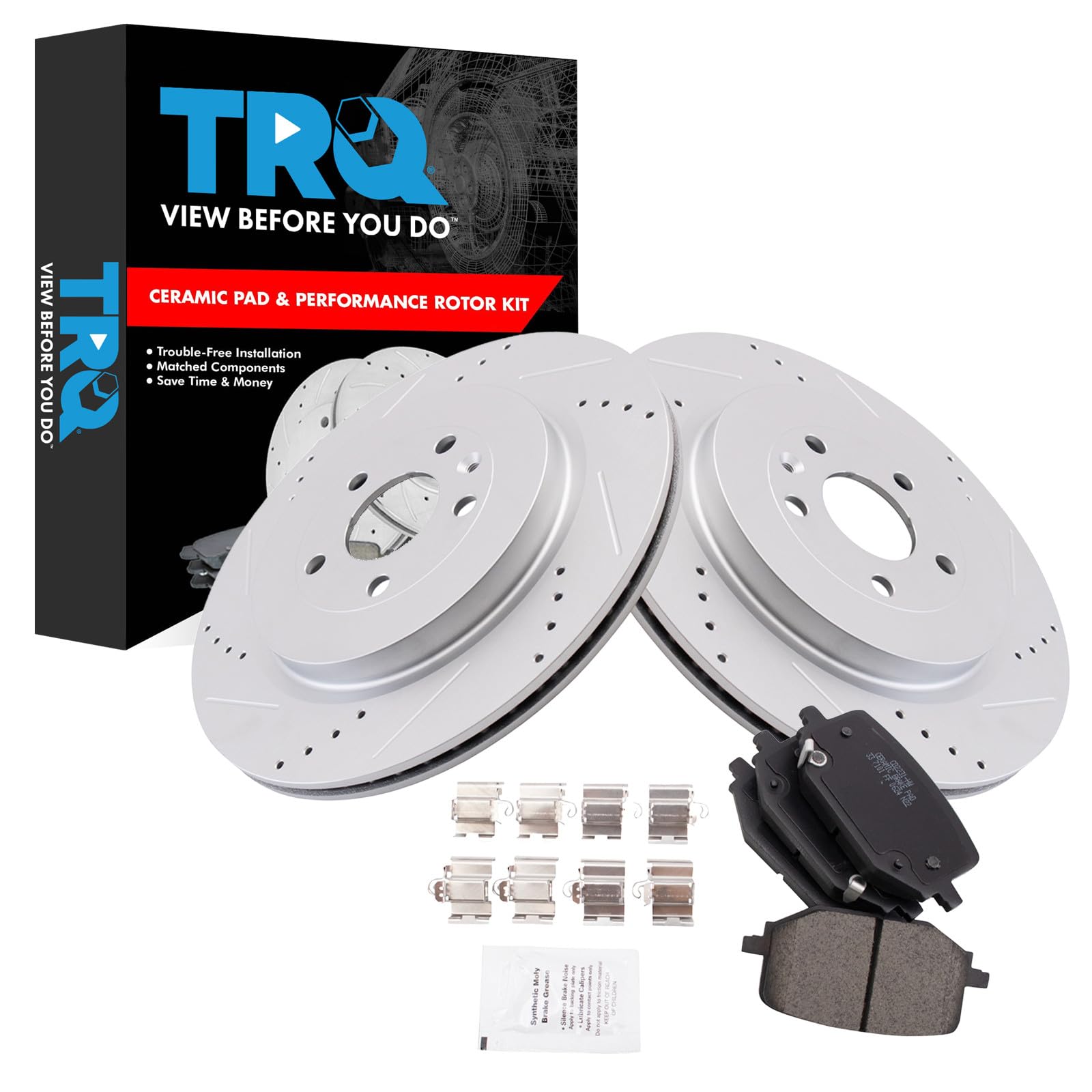 TRQ Performance Rear Brake Pad and Rotor Set Ceramic Drilled Slotted G Coated Rotors Compatible with 2013-2019 Ford Police Interceptor Utility