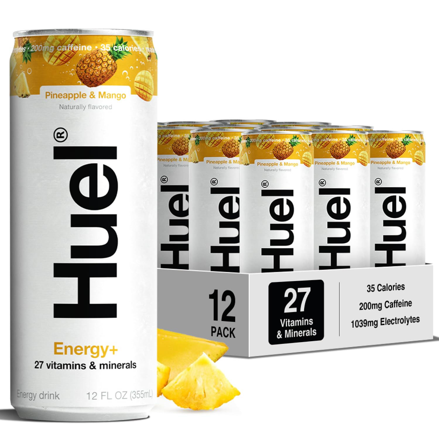 HuelEnergy+ | Refreshing Plant-Based Drink with Real Fruit | 200mg of Caffeine and 27 Vitamins & Minerals | 35 Calories per 12 FL Oz, 12 Pack (12 Pack, Pineapple & Mango)