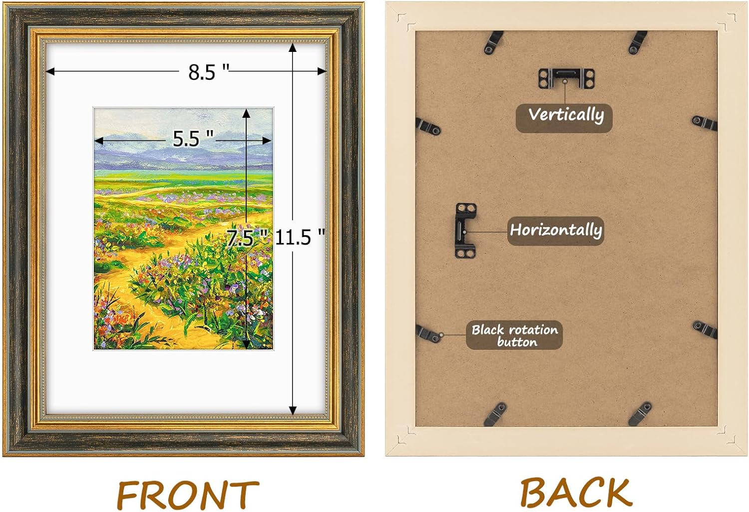 Golden State Art,9x12 Ornate Picture Frame for 6x8 Photo with Mat or 9 x 12 Prints without Mat,Real Glass Wall Display(Color:Black Gold)