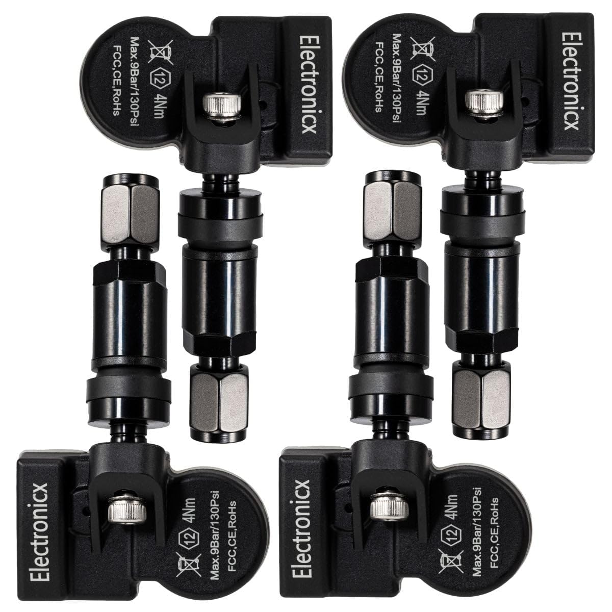 Electronicx 4 x czujniki RDKS metalowe, czarne, kompatybilne z Chevrolet Menlo 2020-2025, zestaw TPMS