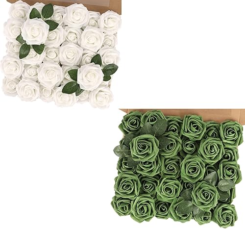 MACTING Flores de rosas artificiales, toque real para bricolaje, ramos, fiesta de boda, baby shower, hogar, decoración de árbol de Navidad, 60 piezas