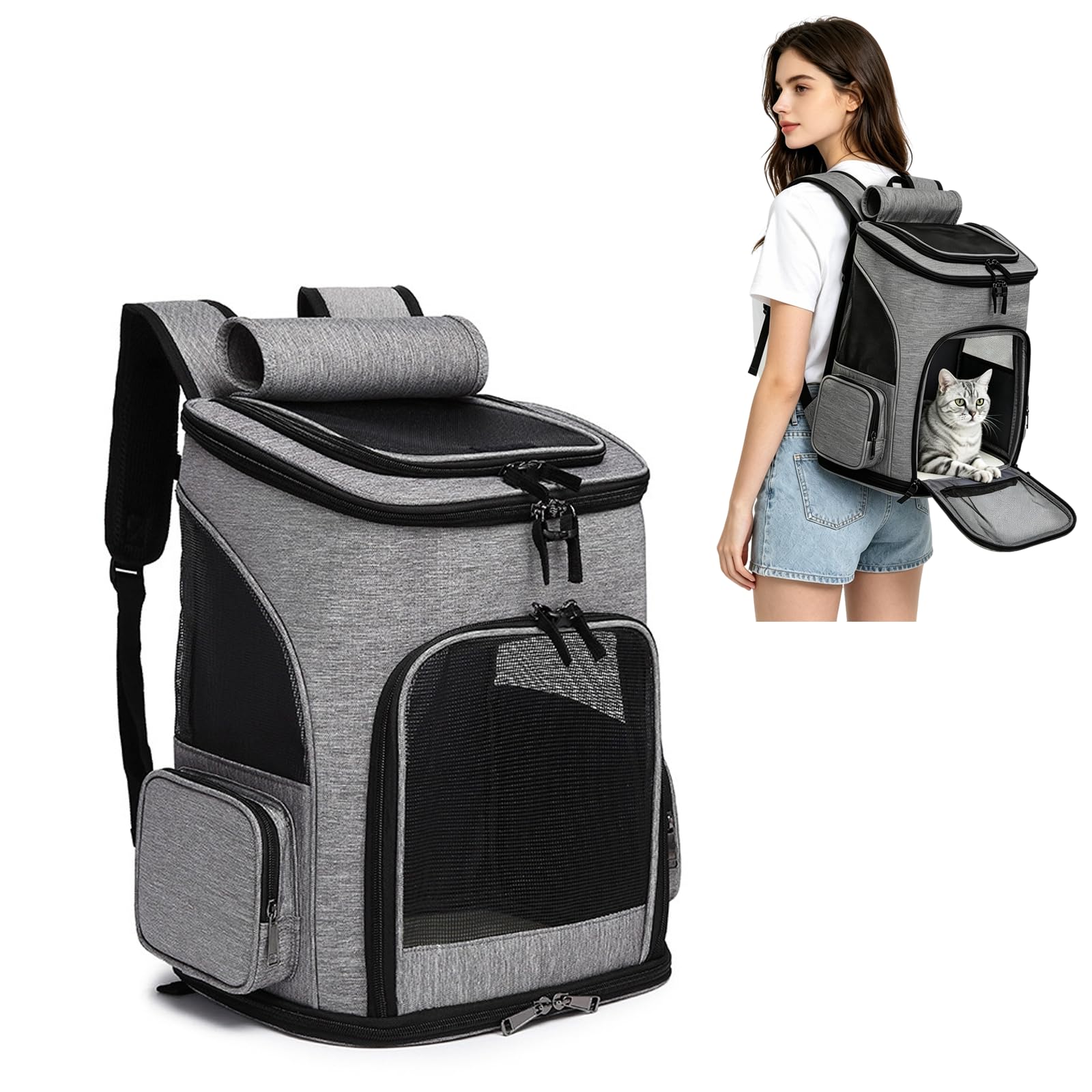 PETCUTE Sac à Dos pour Chien et Chat - Transport pour Petit Animaux Respirant Pliable, Gris