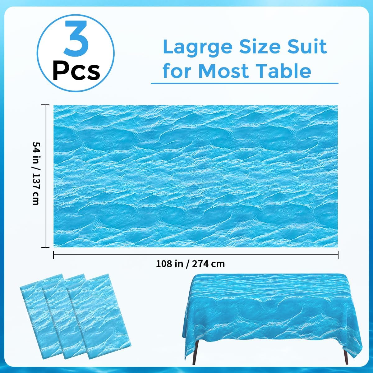 3 Pcs Ocean Waves Tablecloth Plastic 54 x 108 Inch Ocean Water Table Cover Blue Under The Sea Pool Beach Birthday Party Decorations Shower Supplies Beach Backdrop Ocean Decor