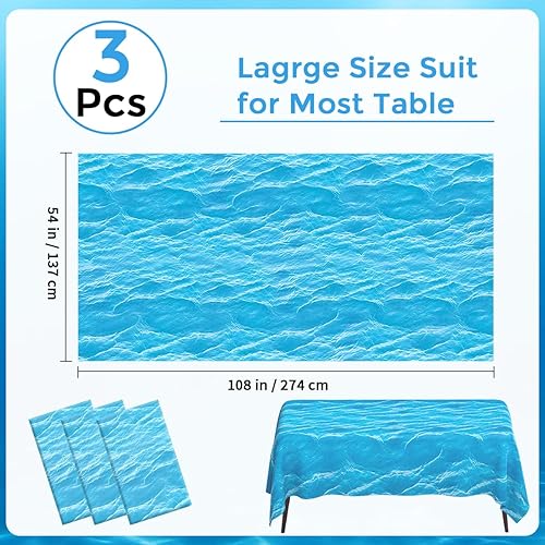 3 Pcs Ocean Wave Tablecloth Plastic Water Print Table Cloth Disposable Blue Under the Sea Party Tablecloths 54 x 108 Inch Ocean Water Table Cover for Summer Pool Beach Birthday Party Decorations(Sea Wave)