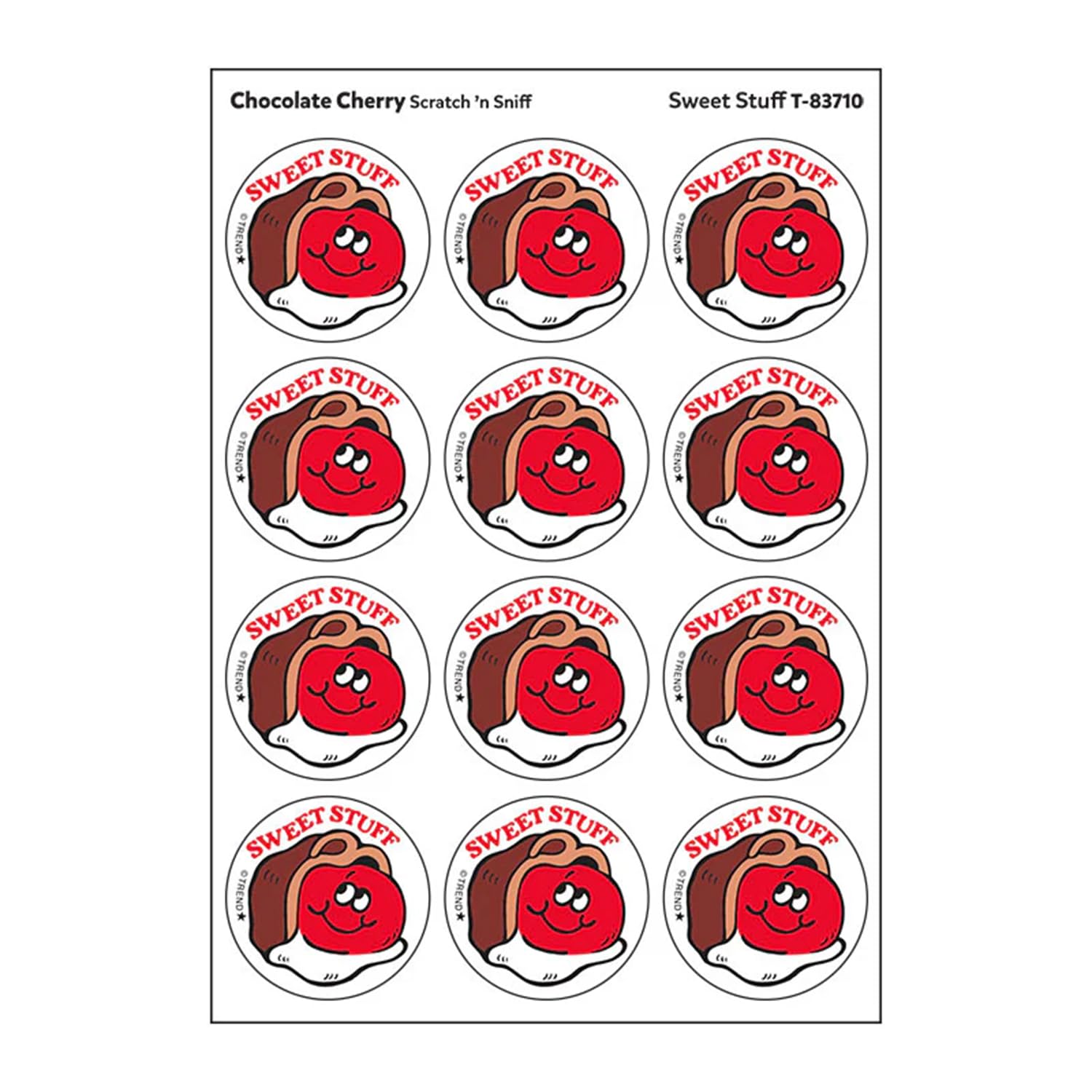Sweet Stuff/Chocolate Cherry Scent Retro Scratch 'n Sniff Stinky Stickers by TREND; 24 Seals/Pack - Authentic 1980s Designs!