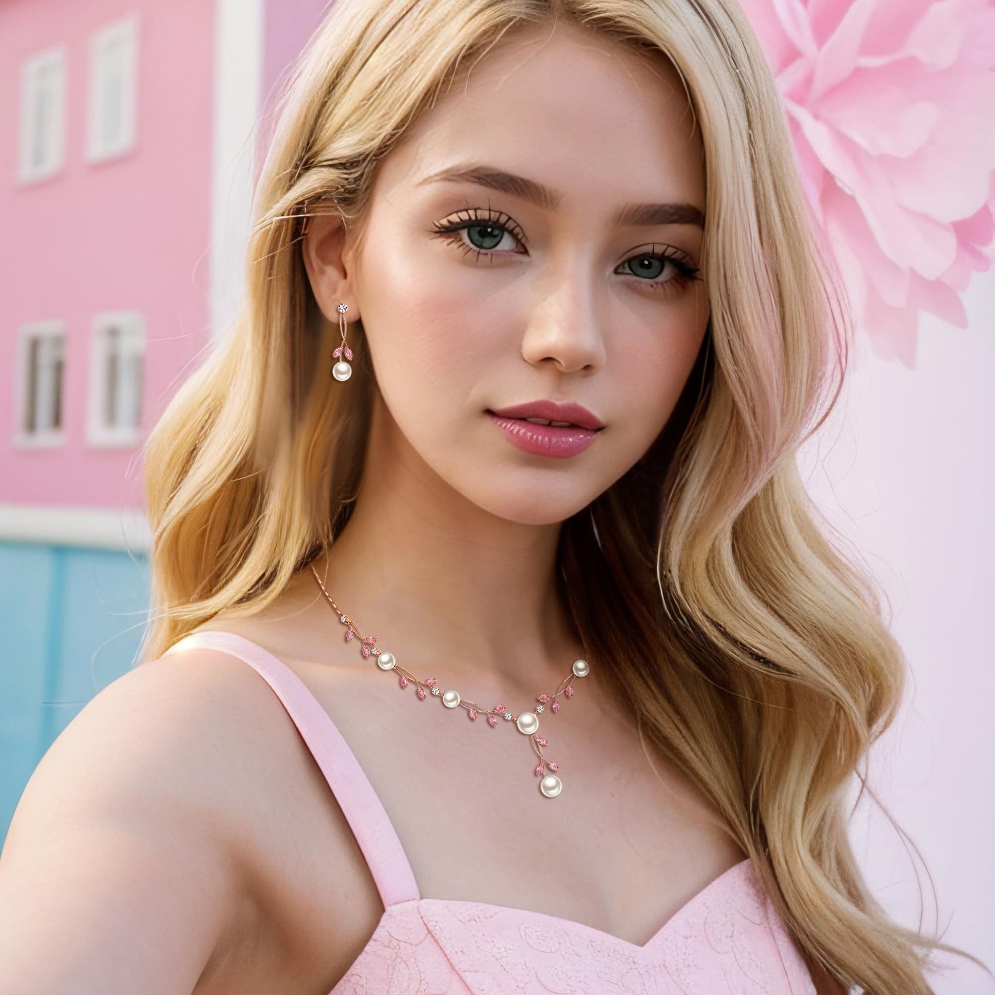 EVER FAITH Juegos de Joyas Mujer CZ Cristal Perla Simulada Floral Vid Filigrana Collar Pendientes Conjunto para Regalo Boda Rosado-Claro Tono Oro Rosa
