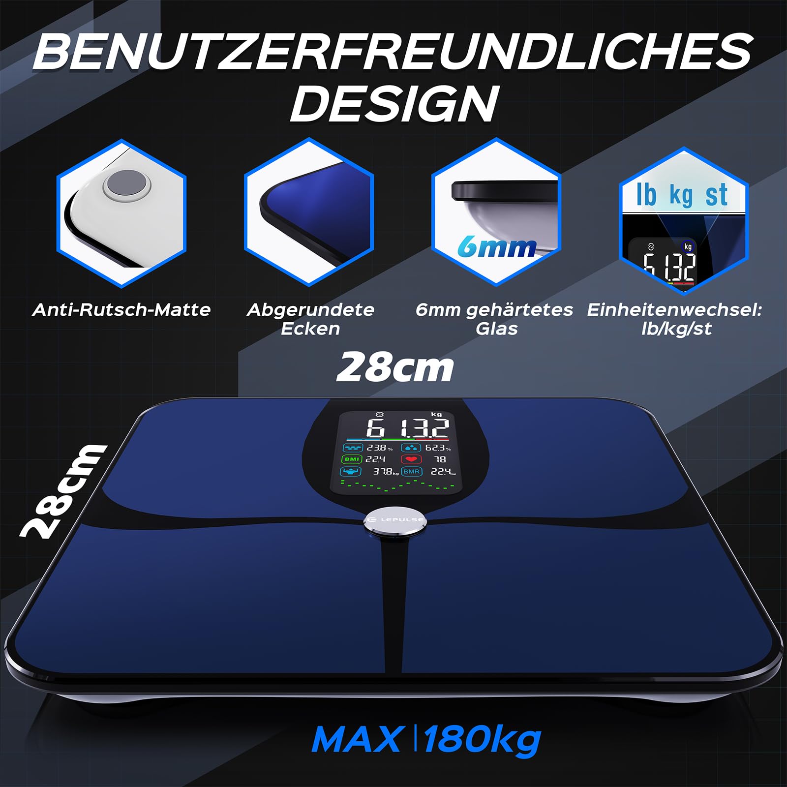 Bilancia Pesapersone Digitale, Bilancia Impedenziometrica Professionale, Smart Bilancia Massa Magra e Grassa BMI con 22 Indici, Bilancia Pesapersone Professionale con App (Ricaricabile)
