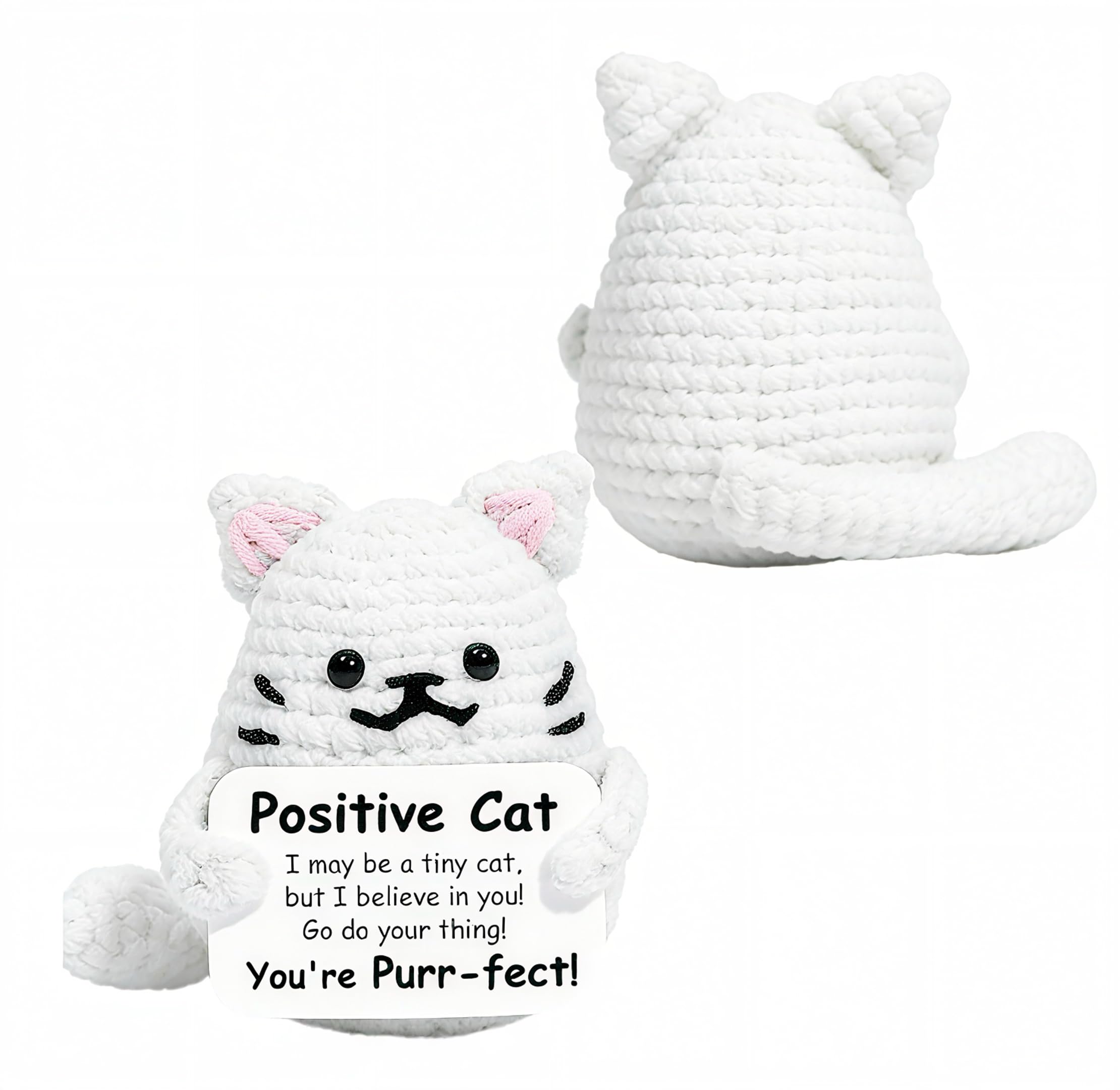 BAISEBAOFU Positive Crochet Cat Animals, Cute Emotional Support Stuffed Toy for Anxiety Relief and Comfort (White)