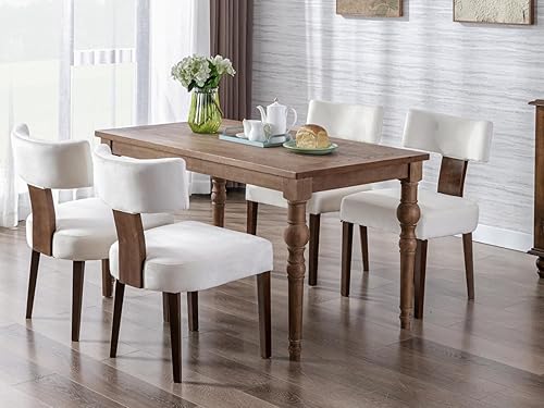 Miniatura 4 de Juego de 2 sillas de comedor de madera de nogal, sillas tapizadas para comedor y cocina, asiento de terciopelo beige, respaldo medio, silla auxiliar