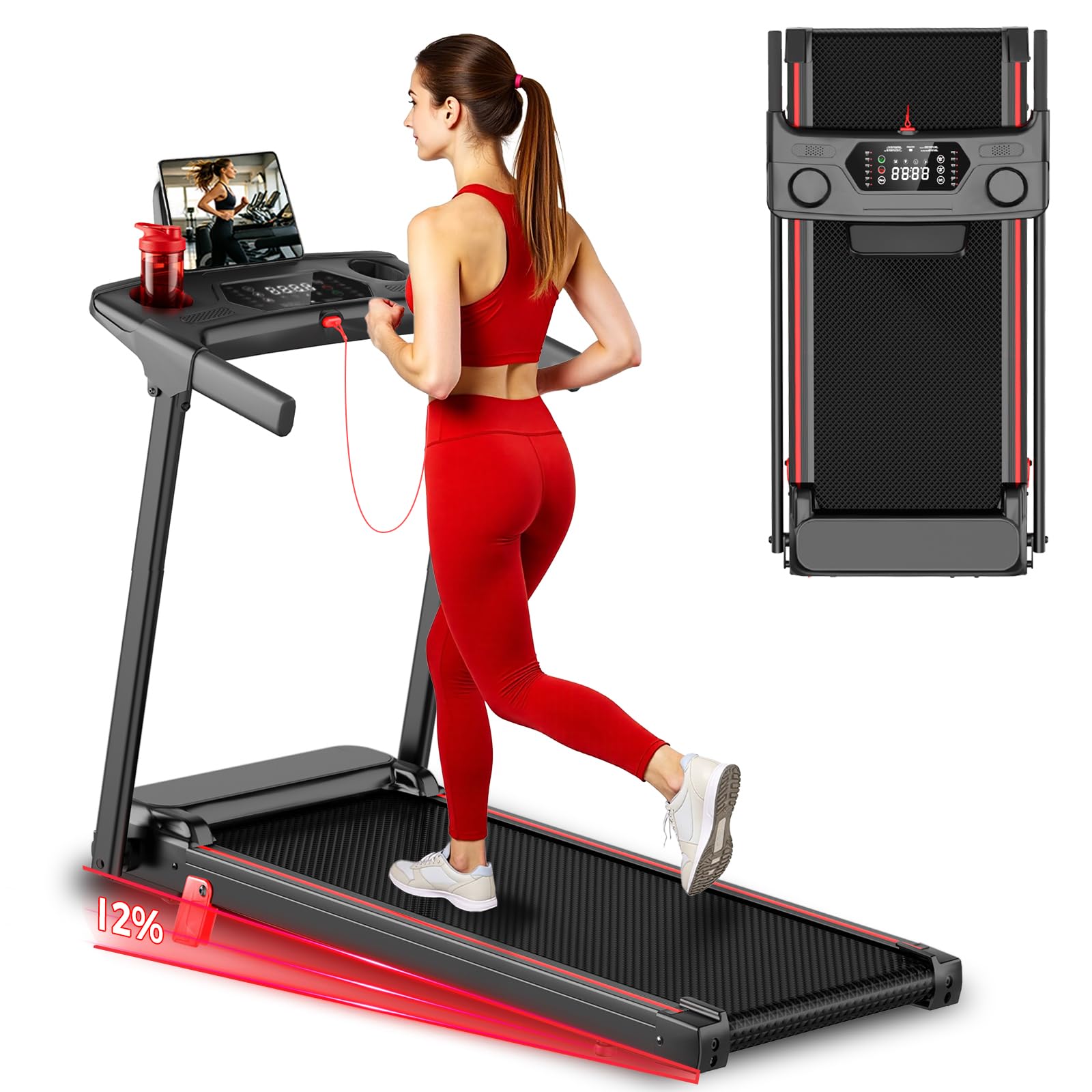 Walking Pad Treadmill with 12% Incline & Handrail