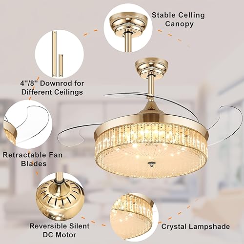 Miniatura 6 de Ohniyou Ventilador de techo retráctil de 42 pulgadas con luces, candelabro de cristal dorado, ventilador de techo remoto y control por aplicación,