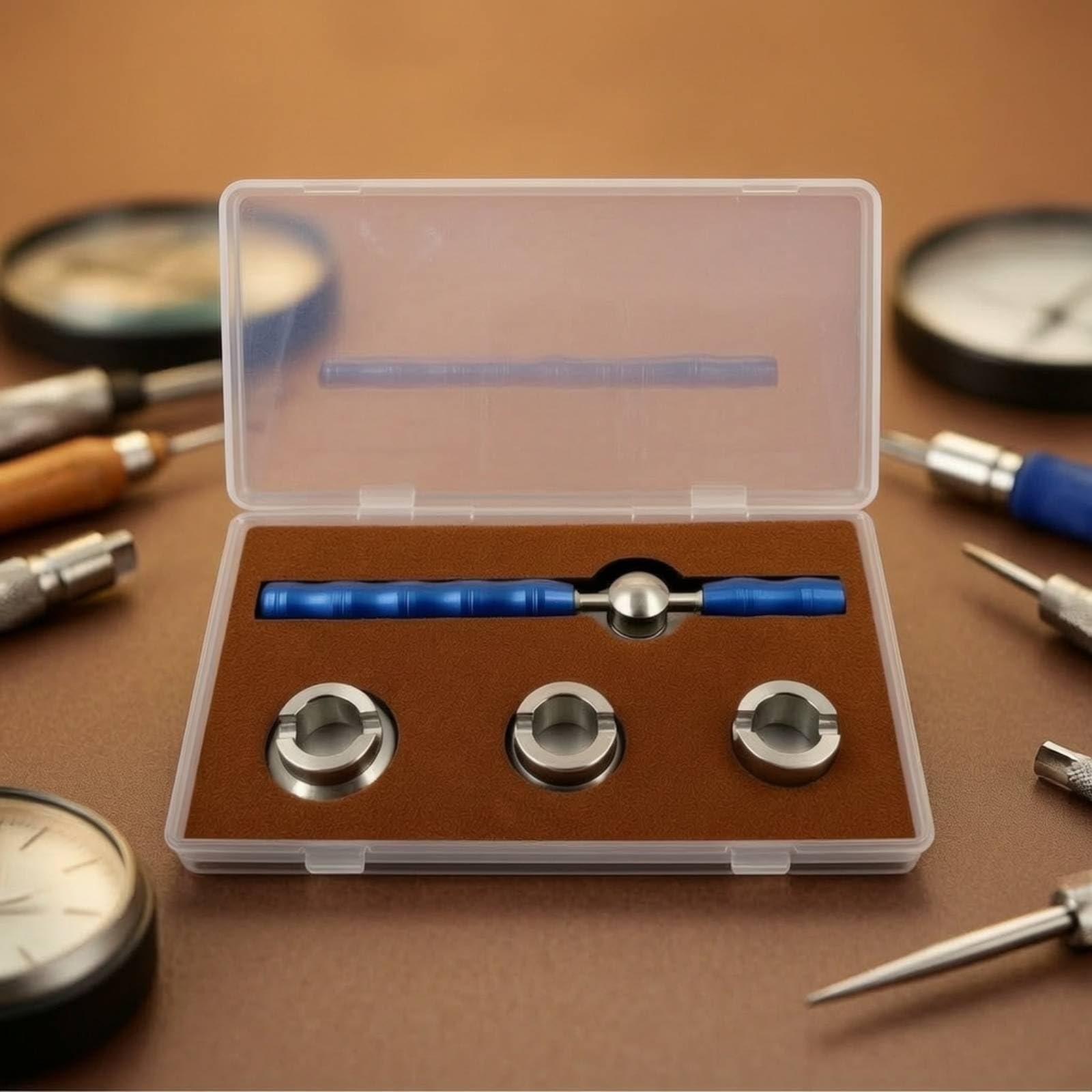 Perfeclan Abridor de Tapas de Reloj Herramienta Llave Destapador Extractor de Acero Inoxidable con Cabezales Circulares Intercambiables y Mango Antideslizante