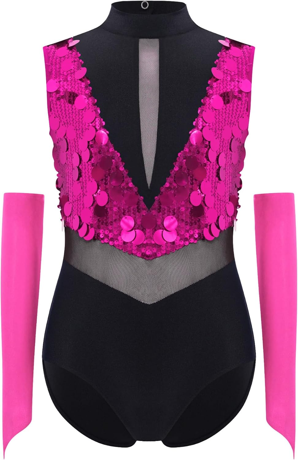 FEESHOW Big Girls Sequins Ballet Leotard Cutout Back Latin Jazz Modern Dance Bodysuit with Gloves Ballroom Dancewear