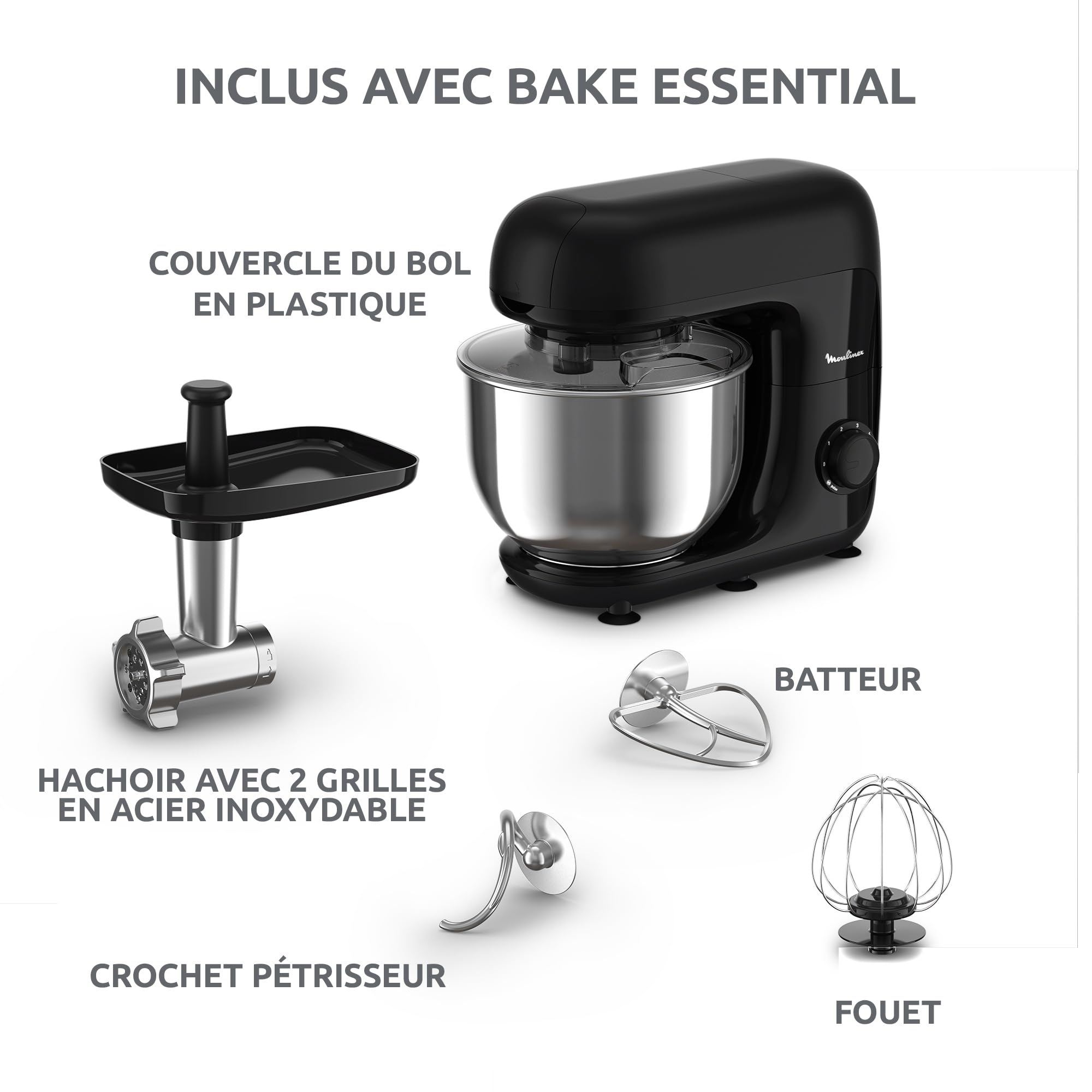 Moulinex Bake Essential, Robot pâtissier, Bol inox 4.8 L, 800 W, Kit accessoires, Batteur, Fouet, Pétrin, Hachoir à viande, Résultat homogène, Noir, QA161810