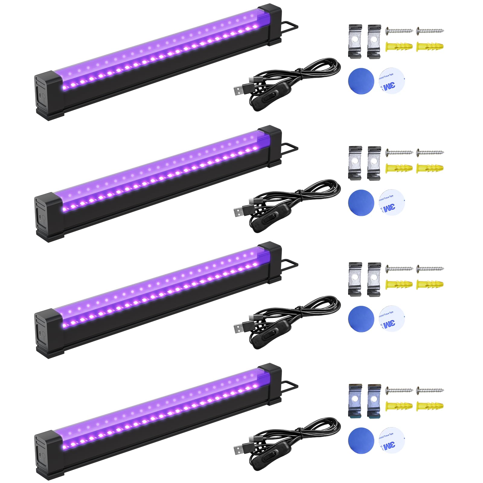Rechargeable Black Light Bar 5W 1FT, Battery Powered LED Black Light for Glow Party Body Paint UV Strip Lights for Halloween Decorations for Cabinet and Display Magnetic (4 Pack)