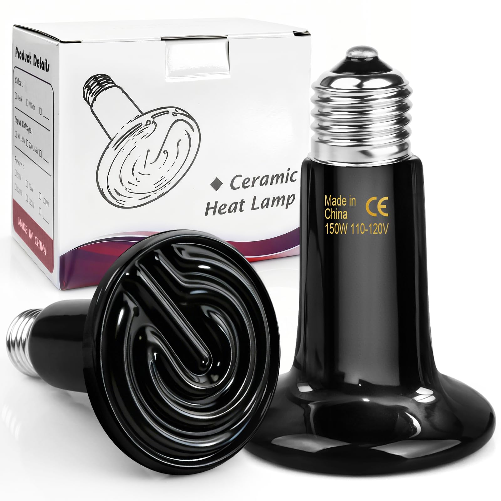 Blakapoo 150W Ceramic Heat Emitter Reptile Heat Bulb E26 Base Heat Lamp Bulbs No Light Heat Lamp for Amphibian Pet Brooder Coop Lizard Turtle Snake Terrarium