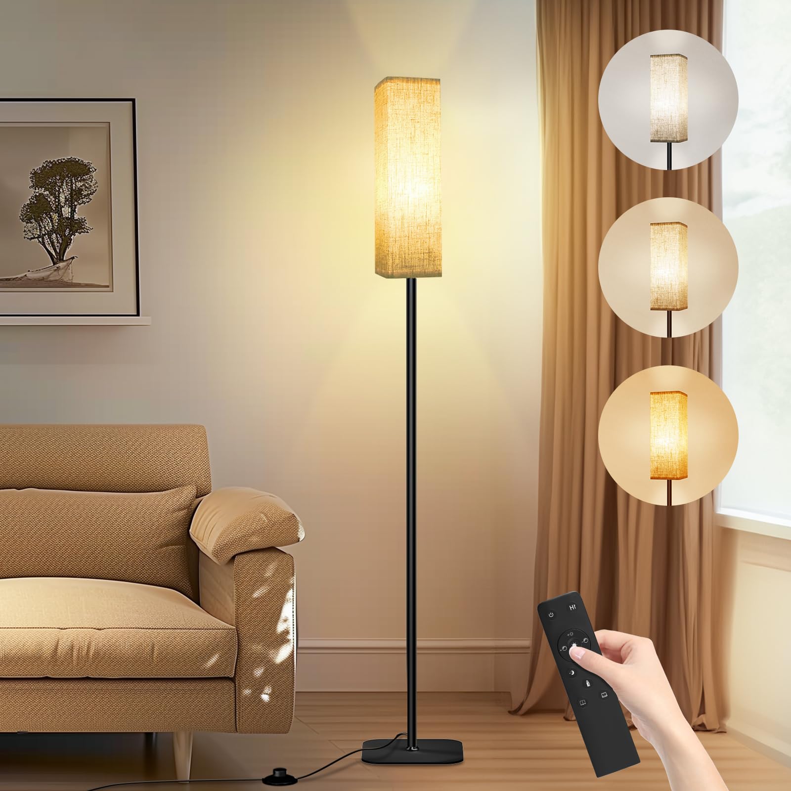 Lampadaire Sur Pied 12W LED avec Télécommande 2700K-6500K Abat-jour Lin pour Salon Chambre Bureau