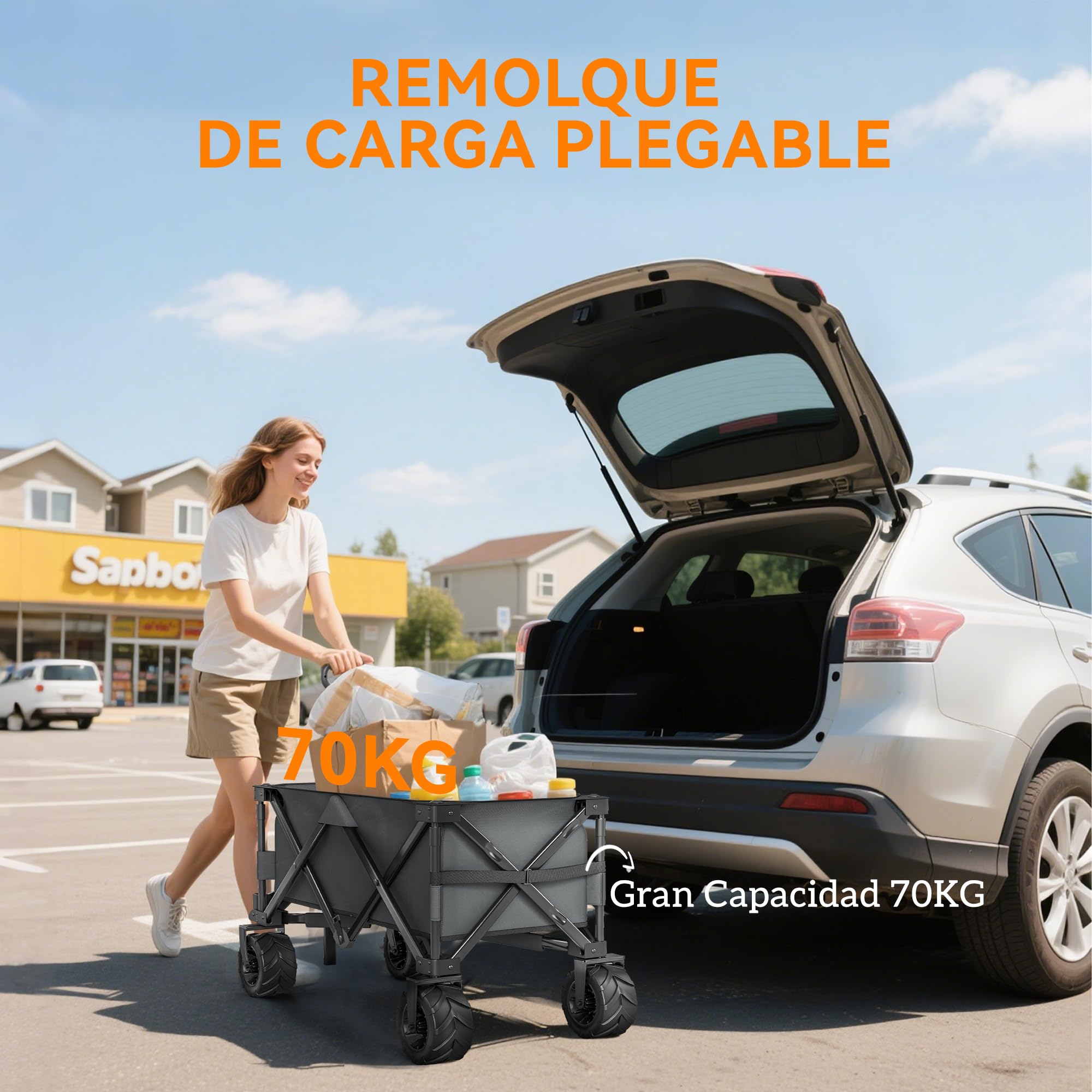 Outsunny Carro Playa Ruedas Grandes con Freno, Carrito de Jardín Plegable con Altura del Manillar Ajustable, Ruedas Giratorias 360°, para Terraza, Patio, Campaña, Compra al Aire Libre, Gris Oscuro