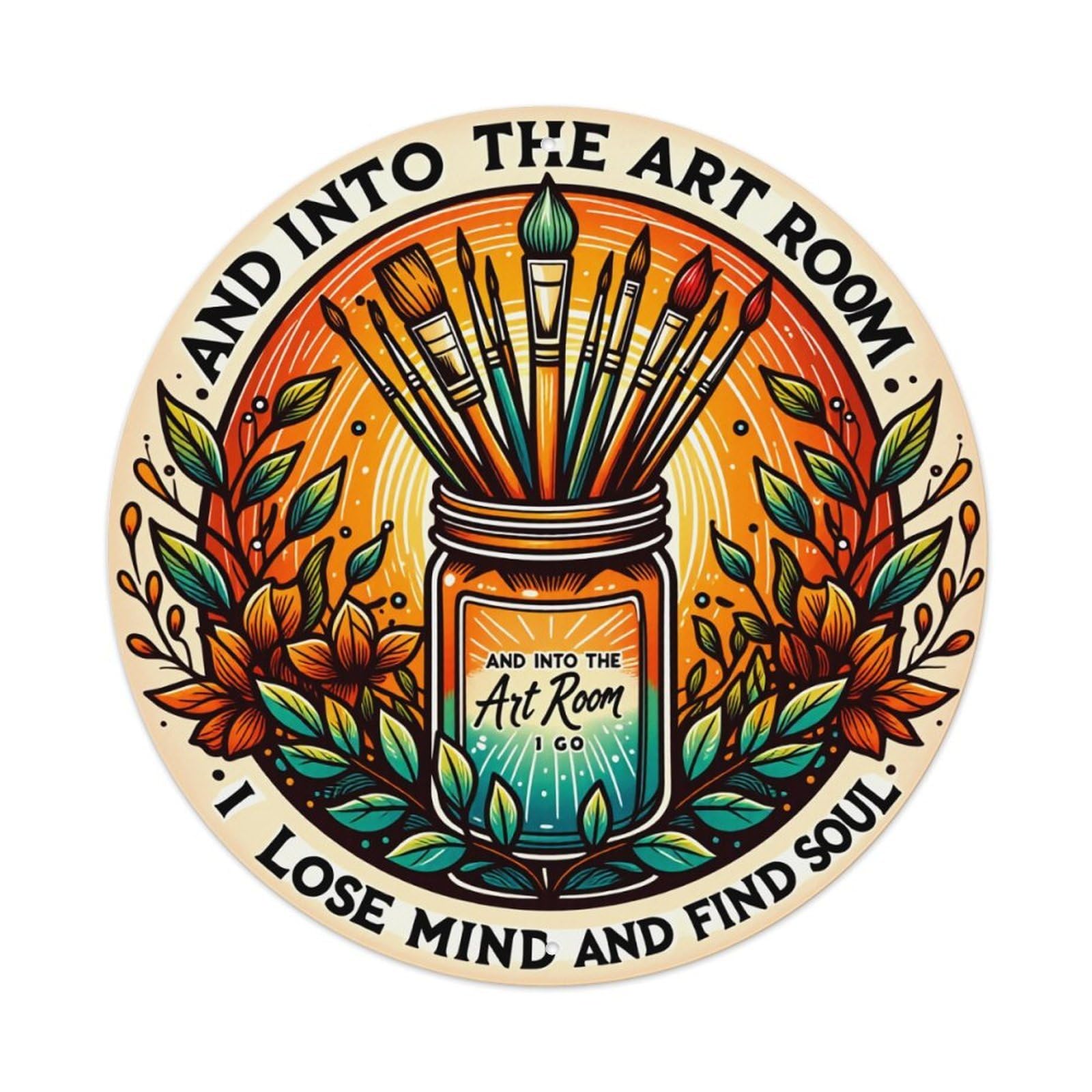 Art Room Jar Paintbrushes Flowers Leaves Sunburst Pattern Metal