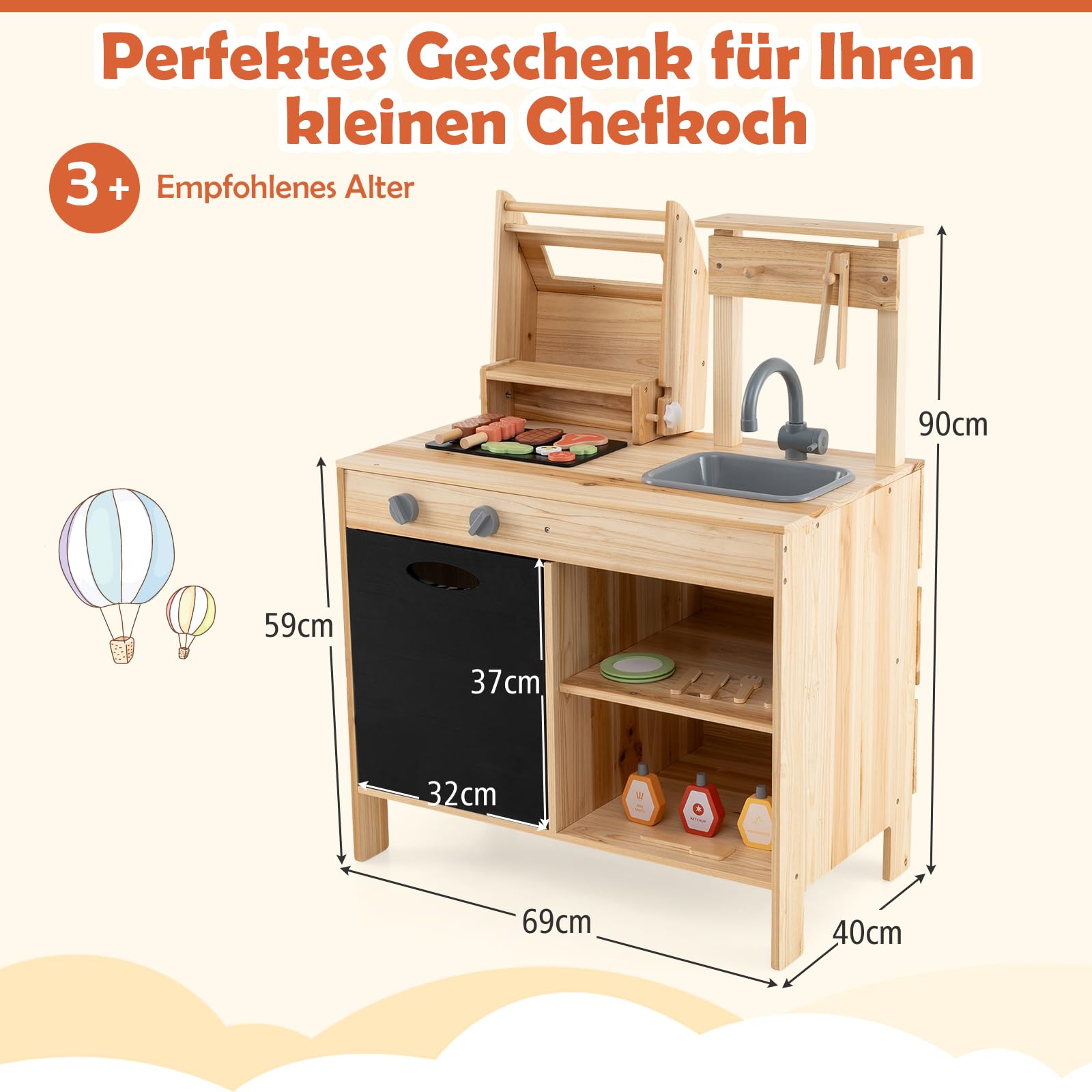 GOPLUS Matschküche Kinder mit Tafel, Kinder BBQ Grill Spielset mit Spielzeugessen, Grillwerkzeugen und Gewürzflaschen, Spielküche Kochspielset mit 27 TLG. Zubehör für Kinder ab 3 Jahren