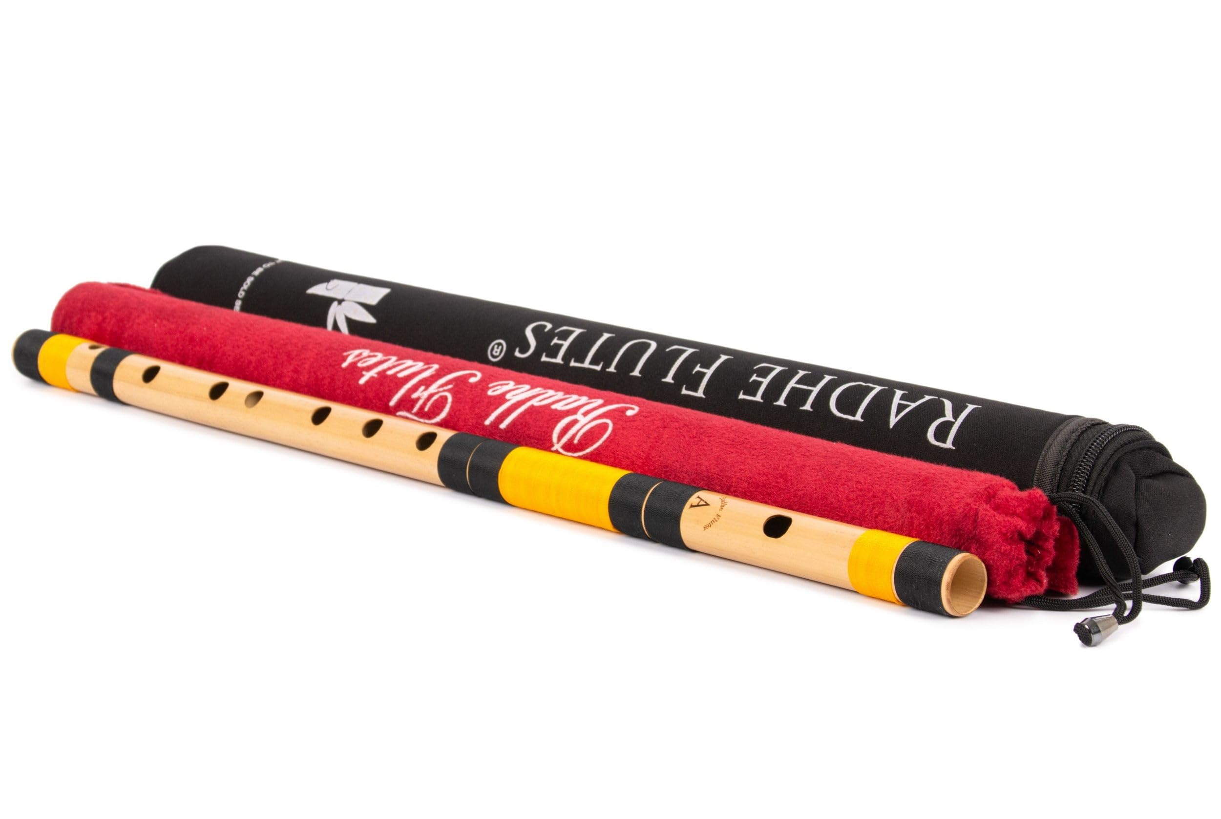 Radhe Flutes | Bansuri professionnel en bambou | Un naturel | Droitier | Base Octave | Avec couverture rigide | Noir et orange | Fabriqué à la main par Tej Sharma