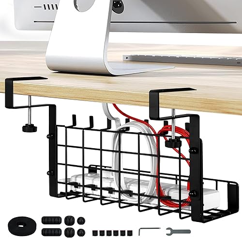 Homeify Bandeja de organización de cables para debajo del escritorio, ajustable, bien ventilada, sin taladro, juego de organizador de escritorio con
