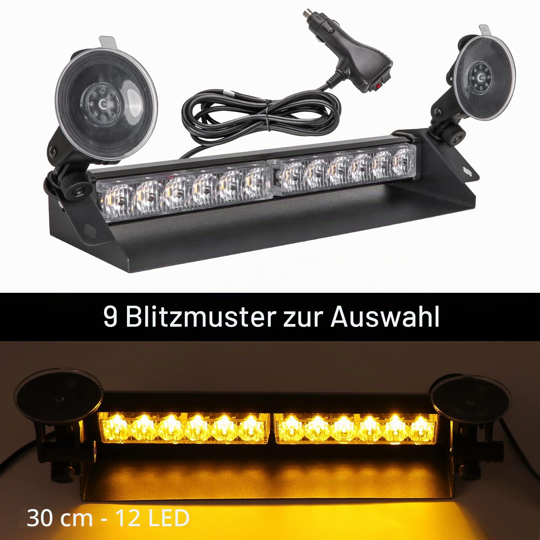 Frontblitzer Warnleuchte 12 LED - 35.6cm 9 Blinkmodi Blitzleuchte, 2 Saugnäpfe Hohe Intensität 12/24V Blinkende Windschutzscheibe Lampe Stroboskopstange für Auto (Gelb)