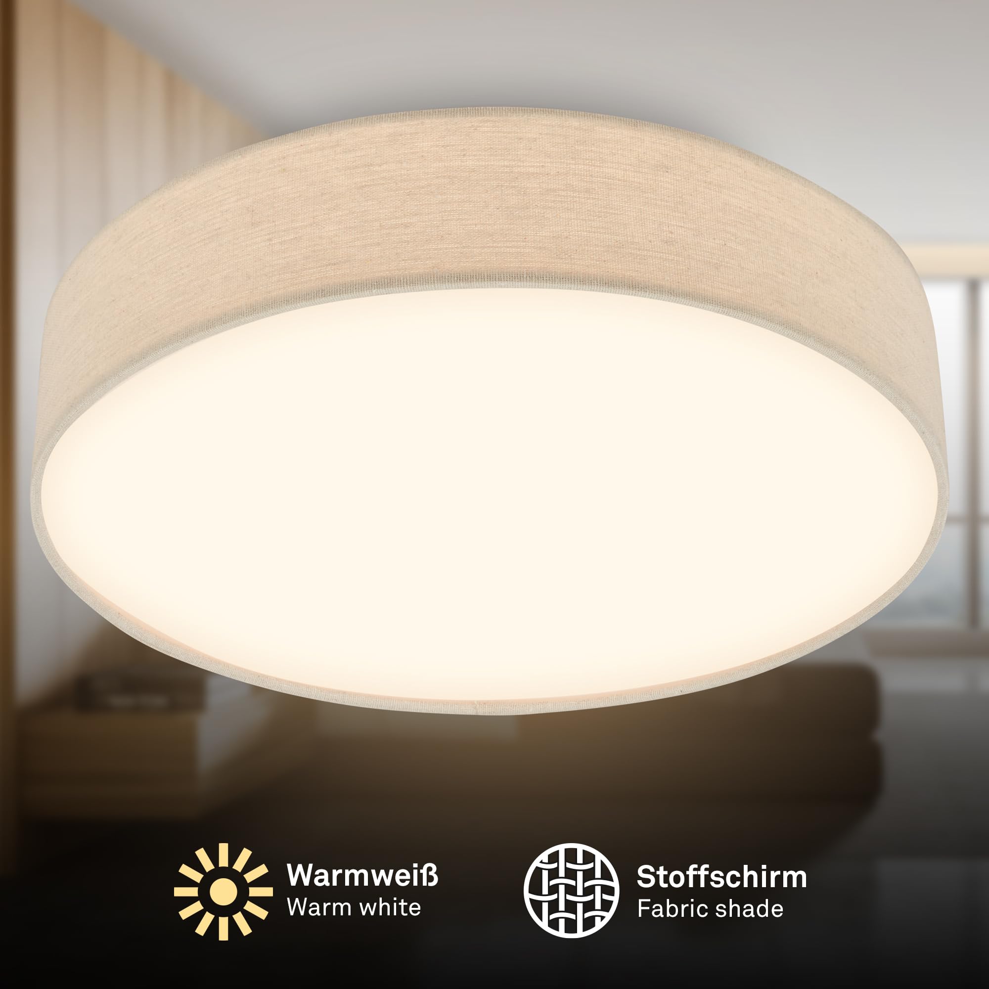 Briloner - Lámpara techo LED con pantalla de tela, 24 W y 2600 lm, luz blanco cálido, plafon LED, lamparas de salón, lampara dormitorio, luz techo salón, 38 x 10,5 cm, Beige
