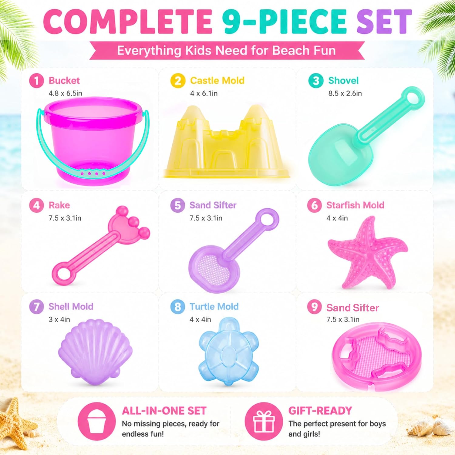 LotFancy 9PCS Sand Toys for Toddlers 1-3 3-5, Pink Beach Toys Set for Girls image 3