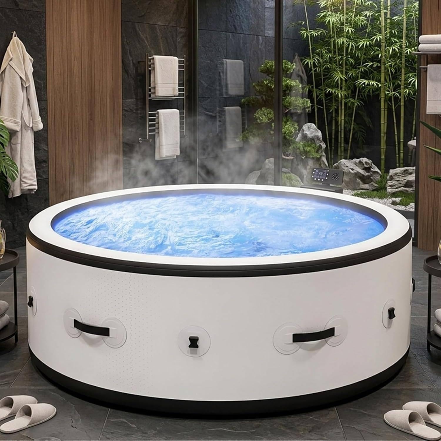 SPA Hinchable PVC Estanco Premium 81,1×27,9 Pulgadas para 6 Personas, Rígido Exterior,150 Chorros Masaje, Bomba Calefacción Inteligente, PTC Nivel Bajo,6 Modos De Luz