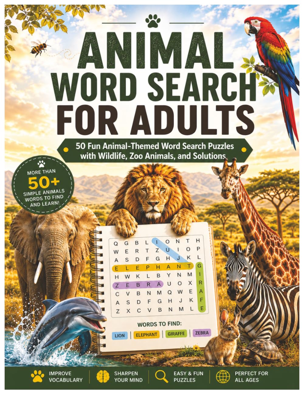 Animal Word Search for Adults: 50 Fun Animal-Themed Word Search Puzzles with Wildlife, Zoo Animals, and Solutions