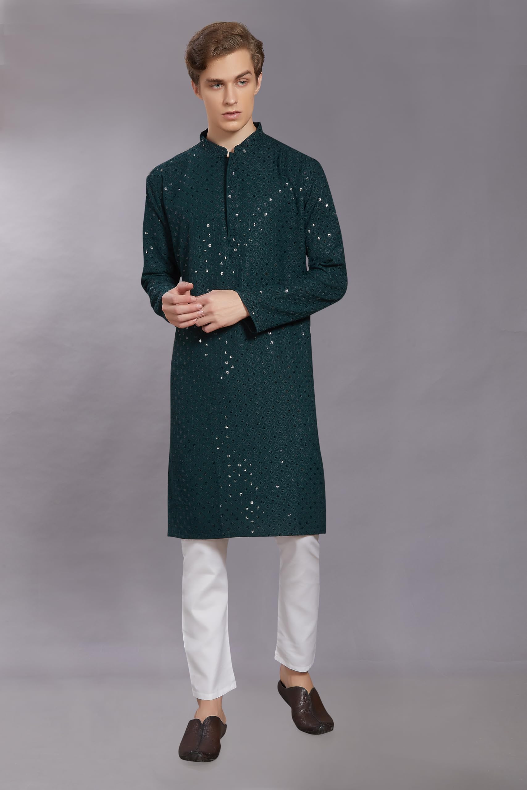 Divisive Men's Sequince Embroidered Cotton Blend Only Slim Fit Kurta (Dkrt235_Xl_Green)