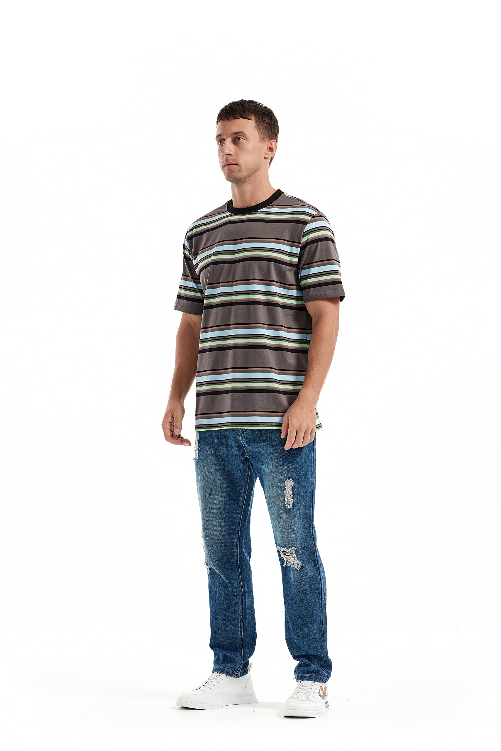 KLIEGOU Camiseta de moda para hombre, ajuste holgado, cuello redondo, a rayas