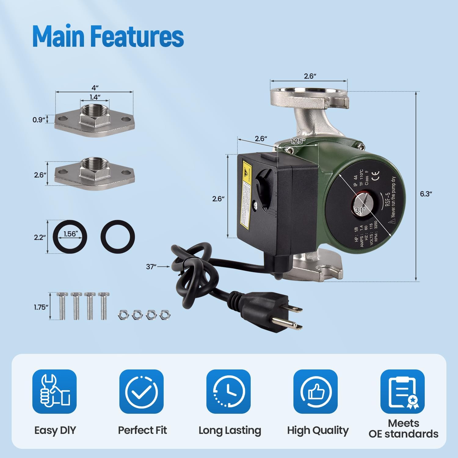 009-SF5 Water Circulation Pump, 1/8 HP 115V 3250 RPM 150 PSI, Compatible with Taco High Velocity Cartridge Circulator Pump, Replace 009SF5 Flanged Hydronic Heating Hot Water Circulator Pumps
