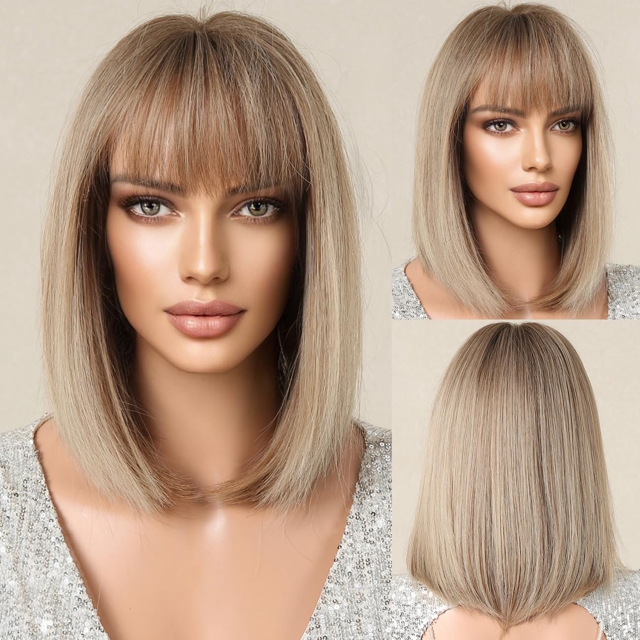 Bob Mixed Brown Blonde Wig with Bangs Natural Short Straight Wigs for Women Shoulder Length Synthetic Wigs for Daily Cosplay